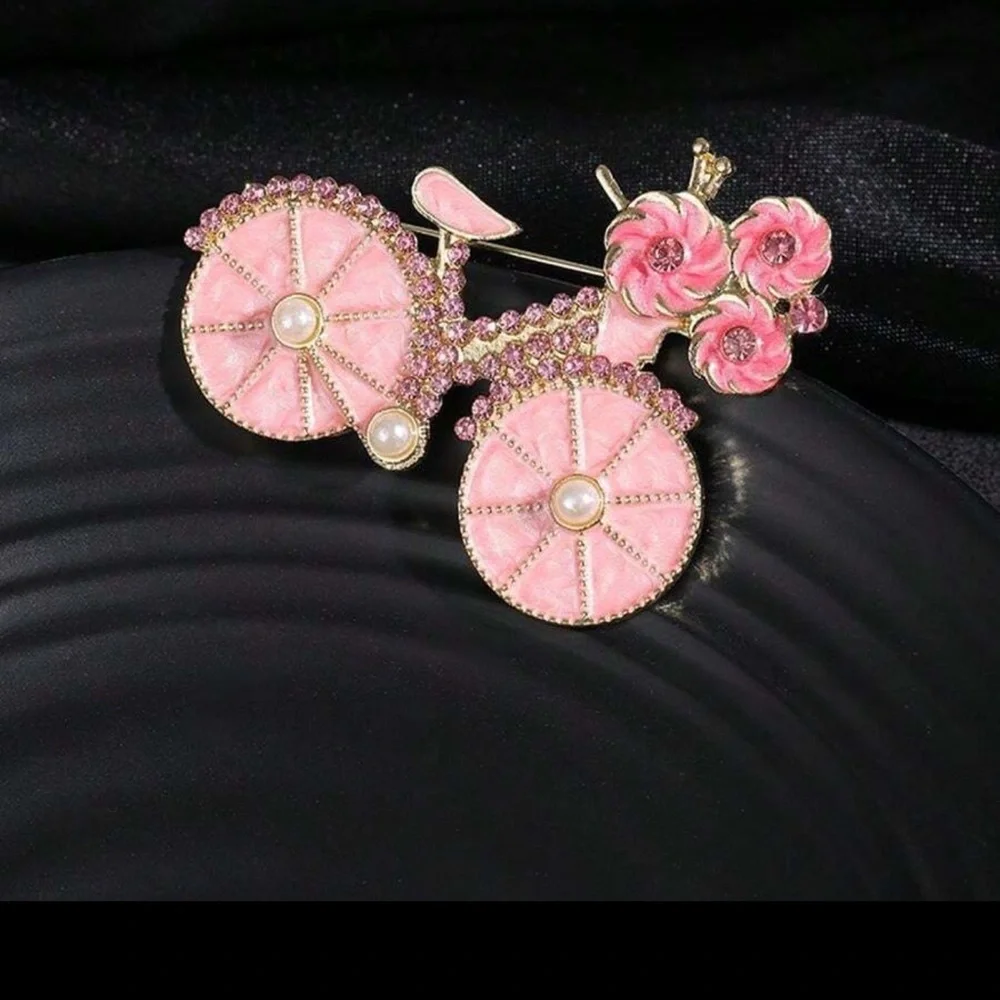 Pink Bicycle Brooch w/ Pearls, Pink Bike Brooch, Spring Brooch, Feminine Brooch